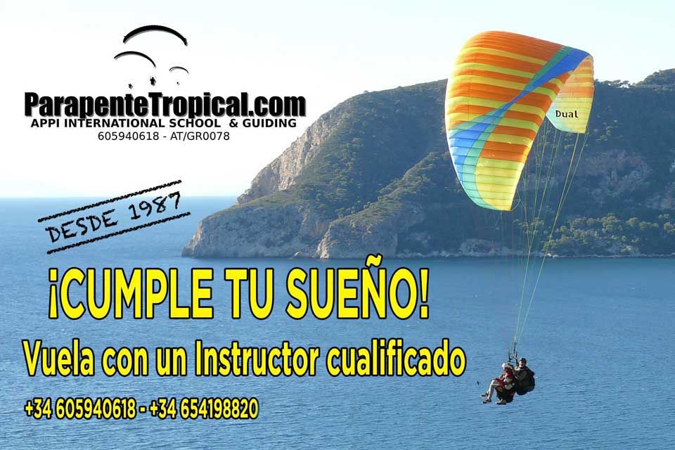 foto de cartel vuela en parapente biplaza con instructor de parapente tropical